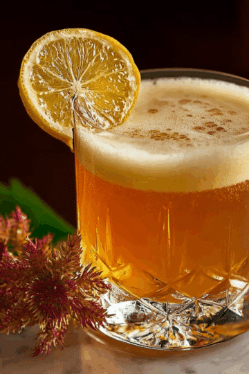 Detail view of layered amber cocktail with creamy foam top, burgundy flower and lemon garnish