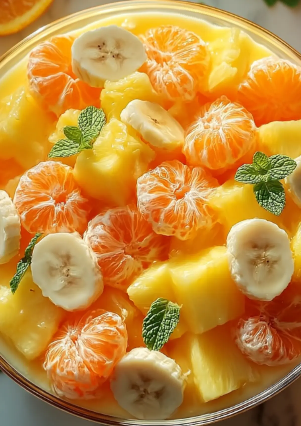 Detailed close-up of tropical fruit salad showing individual fruit pieces with mint leaves in glass bowl
