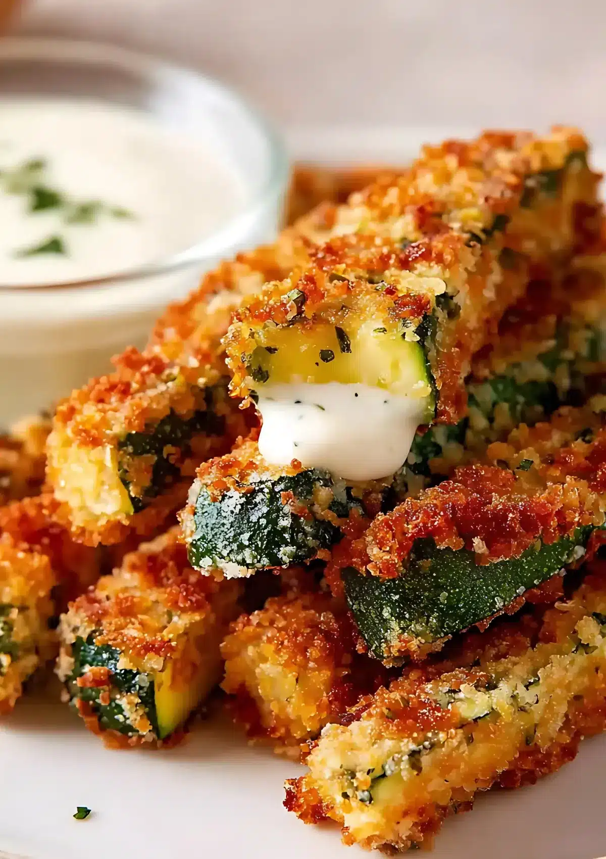 Macro shot of zucchini fry being dipped in creamy white sauce showing crispy coating