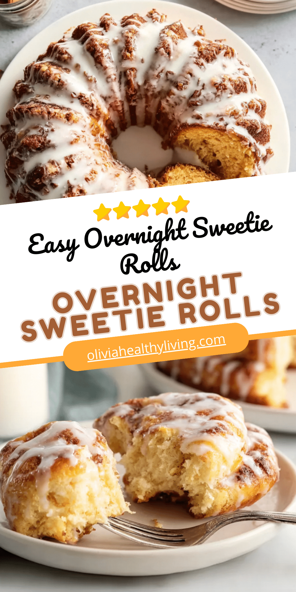Fluffy overnight sweetie rolls baked in a bundt pan and topped with icing, with a sliced piece on a plate and fork.
