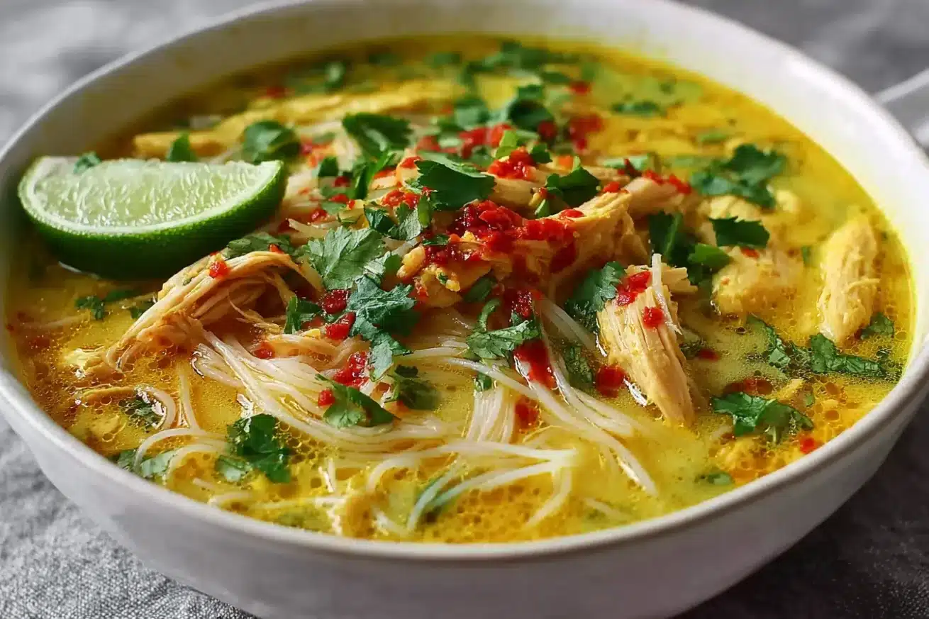 Bowl of Thai chicken curry soup with golden coconut broth, rice noodles, shredded chicken, fresh cilantro, red chili flakes, and lime wedge garnish
