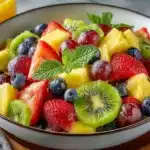 Colorful fresh fruit salad in white ceramic bowl with dark rim, featuring pineapple chunks, sliced strawberries, blueberries, kiwi slices, red grapes, and fresh mint garnish, with orange juice glass in background