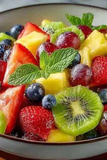 Colorful fresh fruit salad in white ceramic bowl with dark rim, featuring pineapple chunks, sliced strawberries, blueberries, kiwi slices, red grapes, and fresh mint garnish, with orange juice glass in background