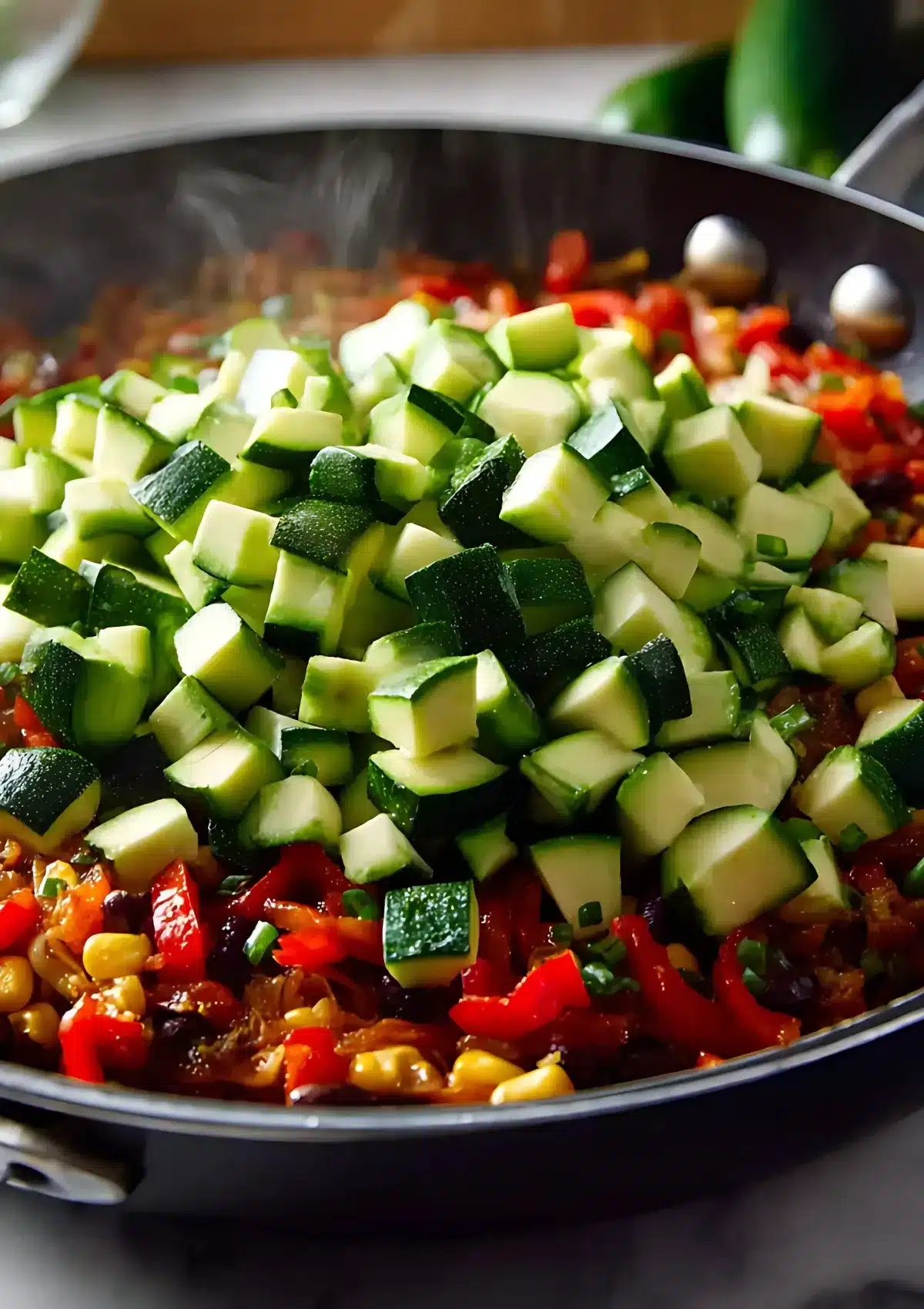 Pile of fresh diced zucchini being added on top of sautéed peppers, corn, and beans in a skillet during cooking.