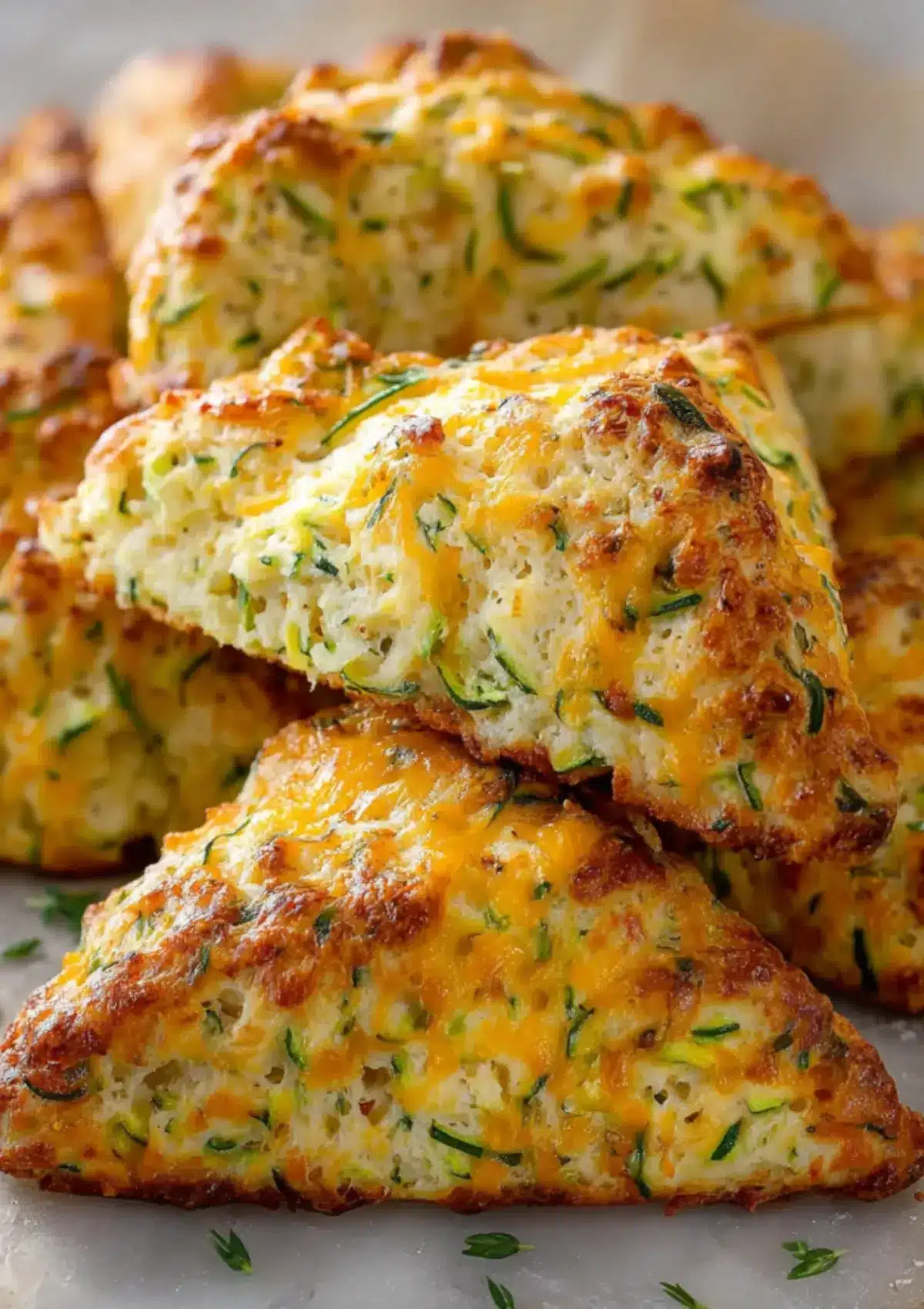 Triangular zucchini cheddar scones stacked on each other, showcasing a tender crumb with melted cheddar and zucchini shreds.