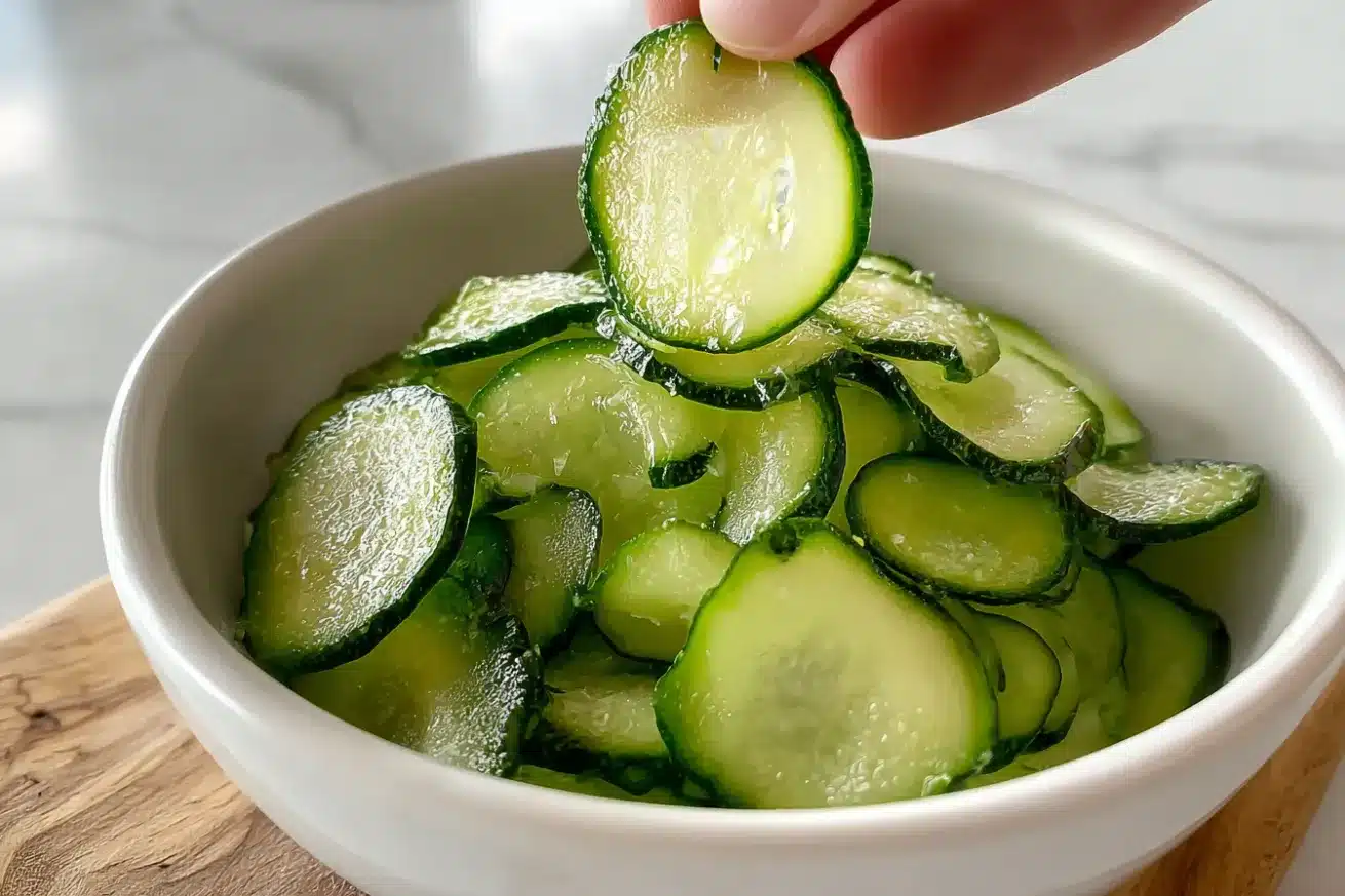 Thinly sliced zucchini rounds glistening with moisture in a white ceramic bowl, with one slice held above by hand.
