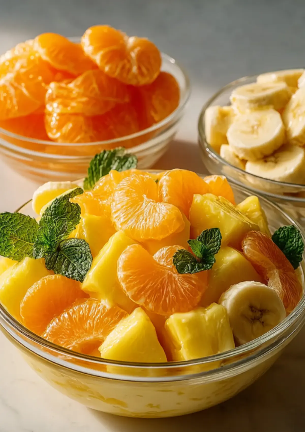 Fruit salad arrangement with separate bowls of orange segments and banana slices, main bowl with mixed tropical fruits and mint