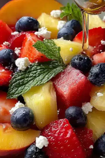 Fruit salad with honey drizzle featuring peaches, strawberries, blueberries, watermelon, pineapple, feta cheese, and mint