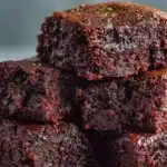 Stack of three fudgy chocolate zucchini brownies with visible green flecks, showing their moist, dense texture