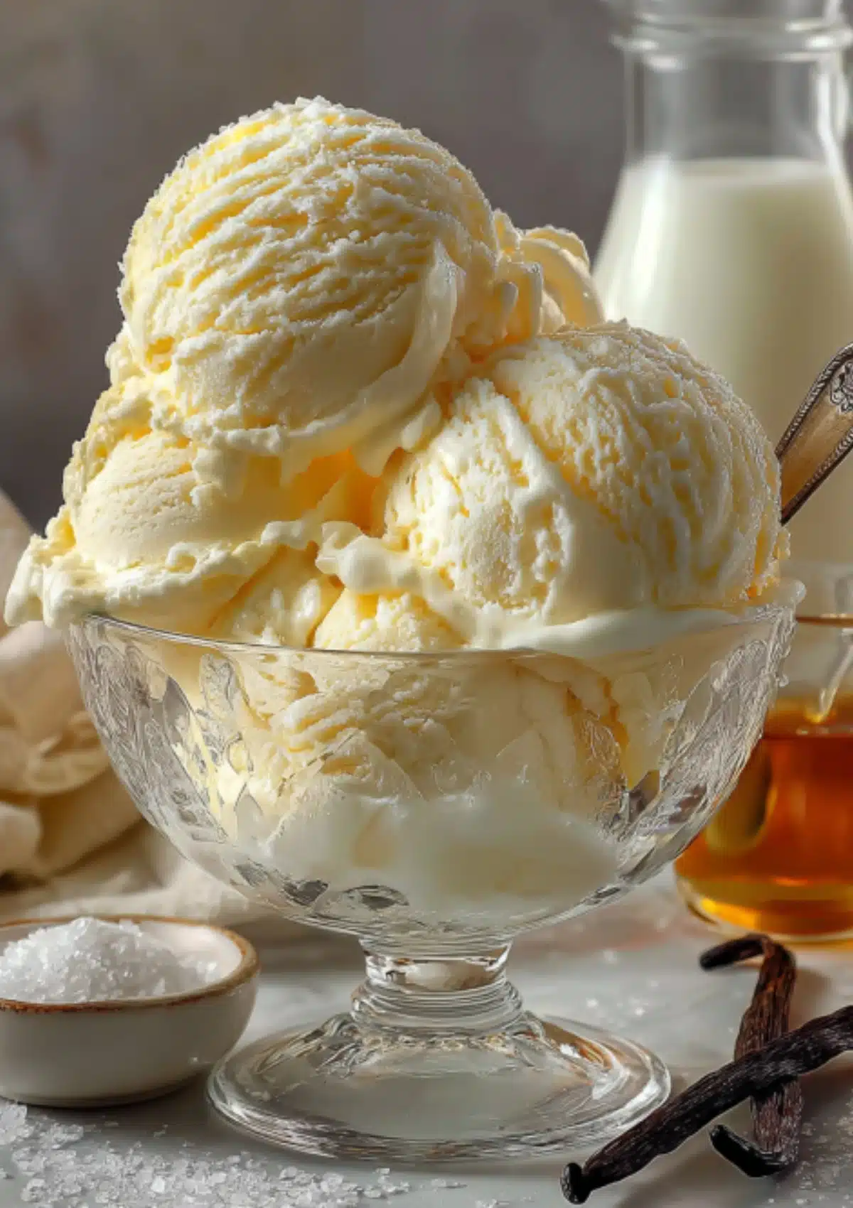 Generous scoops of homemade vanilla ice cream in crystal bowl with vanilla beans and ingredients visible - Copy