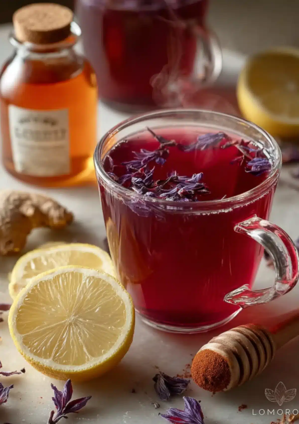 Glass mug of hibiscus tea with floating purple flowers, surrounded by lemon slices, honey jar, and honey dipper on neutral background