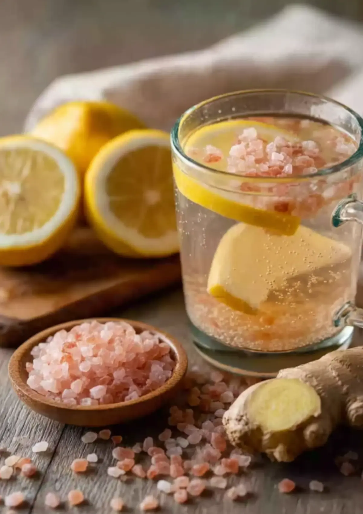 Glass of water with lemon slices and pink Himalayan salt crystals, surrounded by fresh lemons, ginger root, and a wooden spoon of salt on a rustic wooden surface.