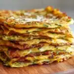 A tall stack of golden-brown zucchini scarpaccia slices with crispy edges on a wooden cutting board.