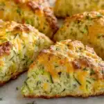 Close-up of flaky golden-brown zucchini cheddar scones with melted cheese and green zucchini flecks on a parchment-lined surface.