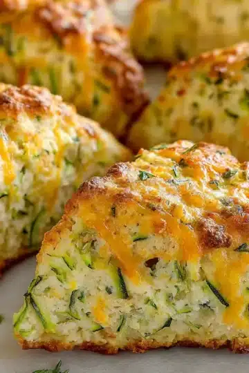 Close-up of flaky golden-brown zucchini cheddar scones with melted cheese and green zucchini flecks on a parchment-lined surface.