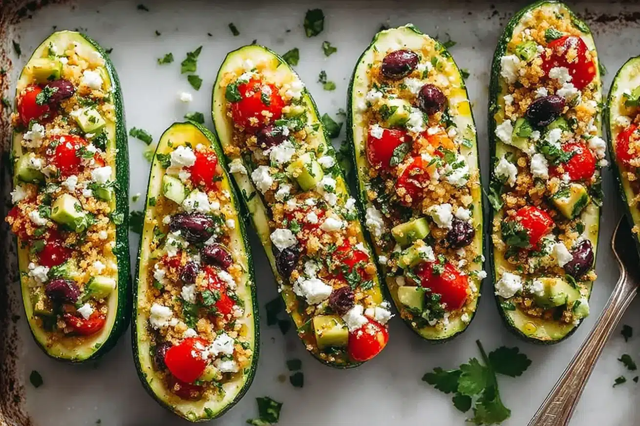 Delicious zucchini boats topped with baked feta cheese, Kalamata olives, and roasted cherry tomatoes, garnished with herbs.