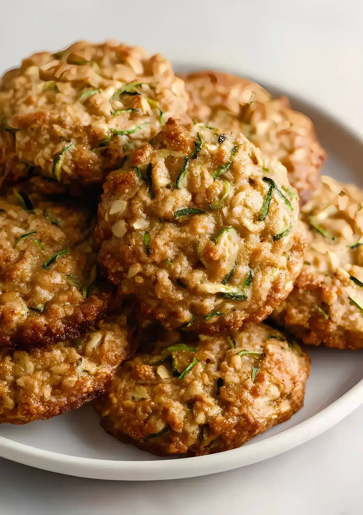 A plate of chewy zucchini oatmeal cookies with a rustic golden texture, styled in a cozy food photography setting.
