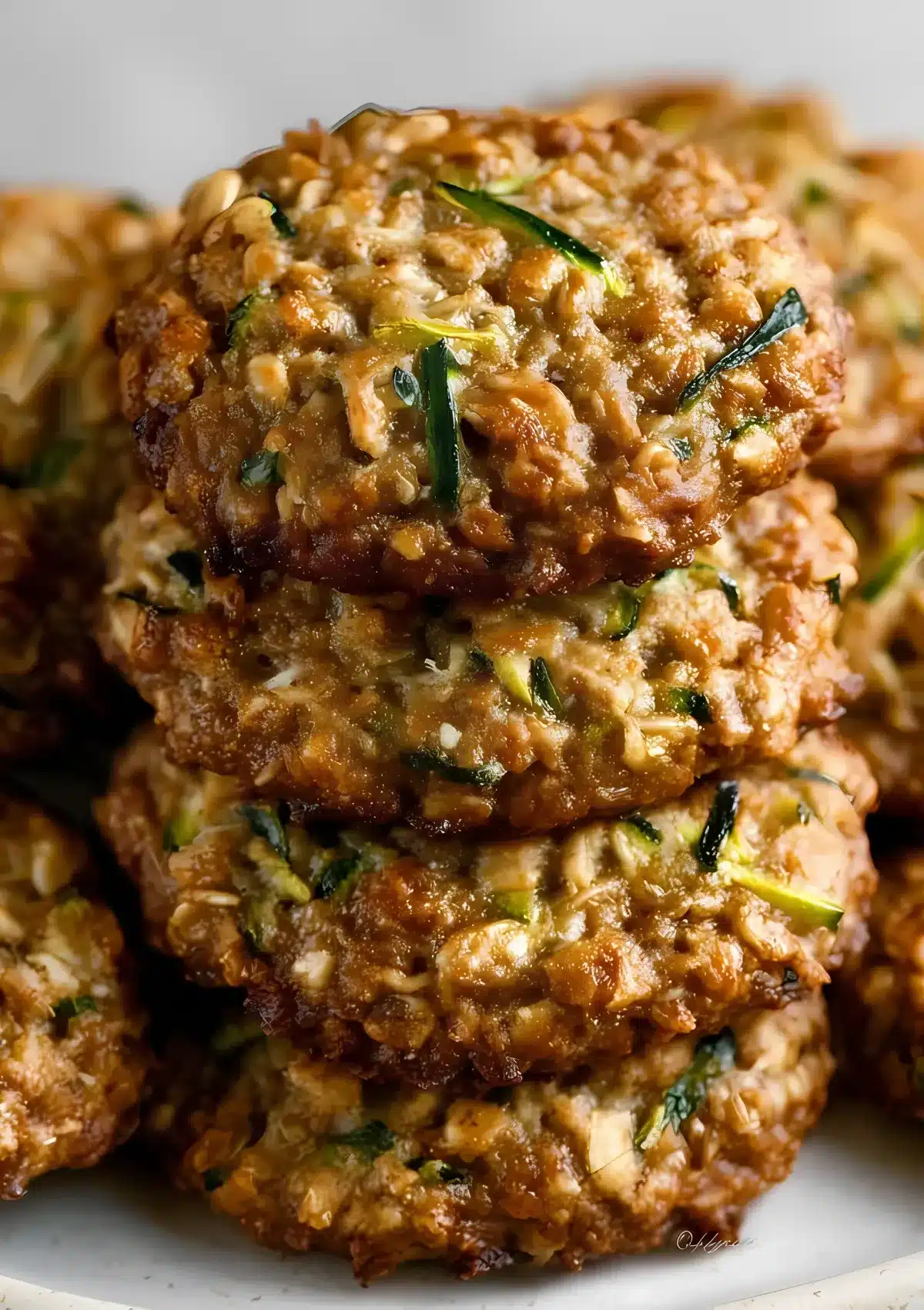 Macro close-up of rustic zucchini oatmeal cookies stacked on a white plate, highlighting oats and green zucchini pieces.