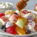 Close-up of mixed fruit salad containing strawberries, orange segments, green grapes, blueberries, and white cheese cubes coated in colorful fruit juices, with honey being drizzled from a wooden honey dipper. A bowl of yogurt and an apple are visible in the background