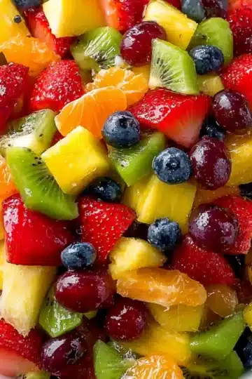 Colorful rainbow fruit salad in white bowl featuring chopped strawberries, pineapple chunks, kiwi slices, mandarin orange segments, red grapes, and blueberries coated in glossy honey lime dressing on marble background
