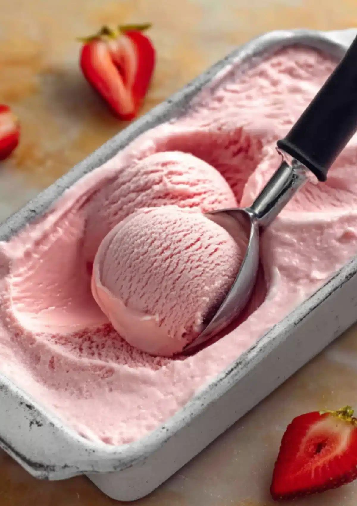 Ice cream scoop with black handle scooping pink strawberry ice cream from container with strawberries nearby