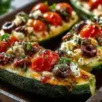 Baked zucchini boats stuffed with cherry tomatoes, feta cheese, Kalamata olives, and fresh herbs, served on a baking tray.
