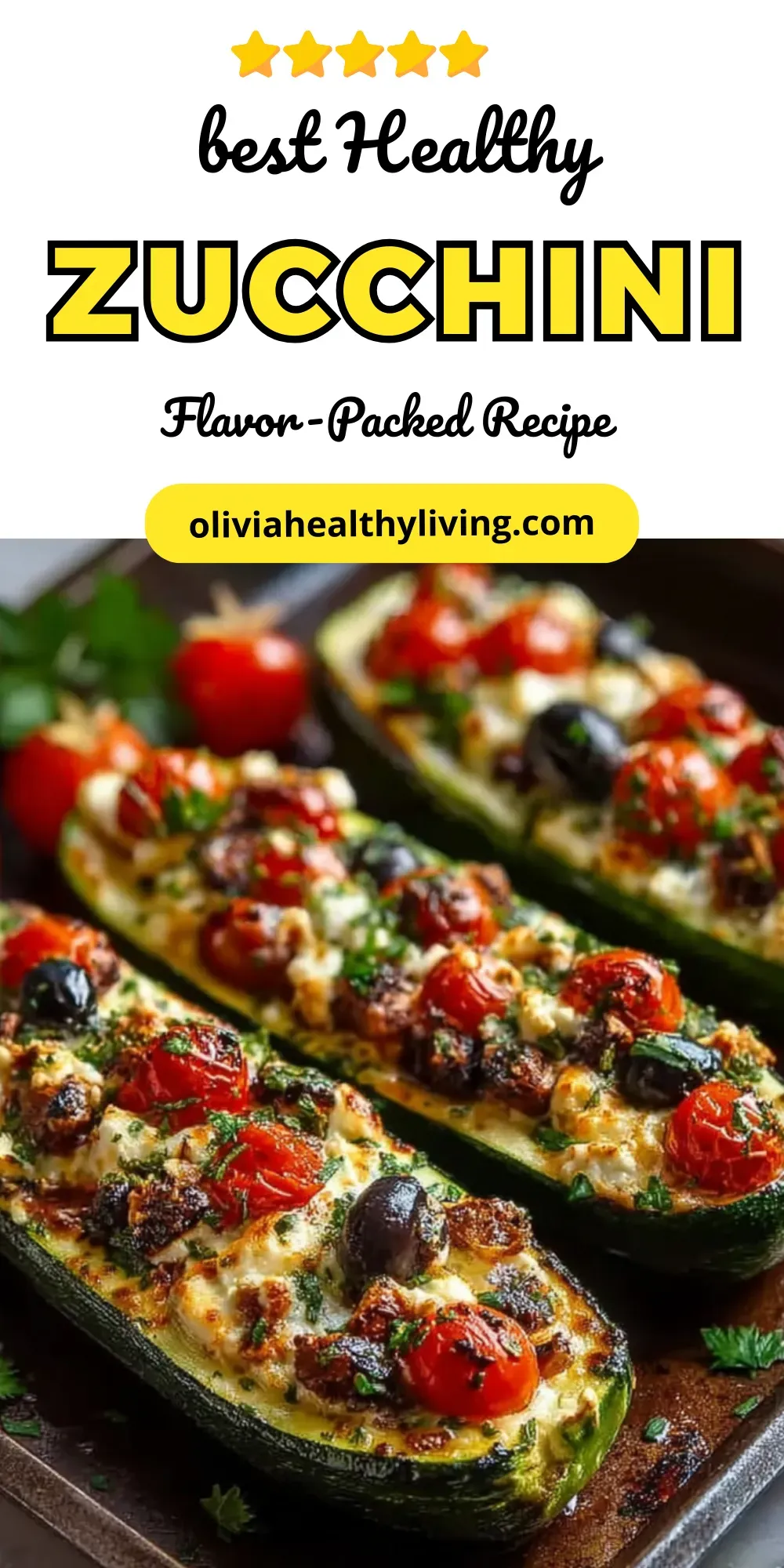 Tasty zucchini boats filled with Mediterranean ingredients like feta cheese, cherry tomatoes, and Kalamata olives, designed as a Pinterest pin.