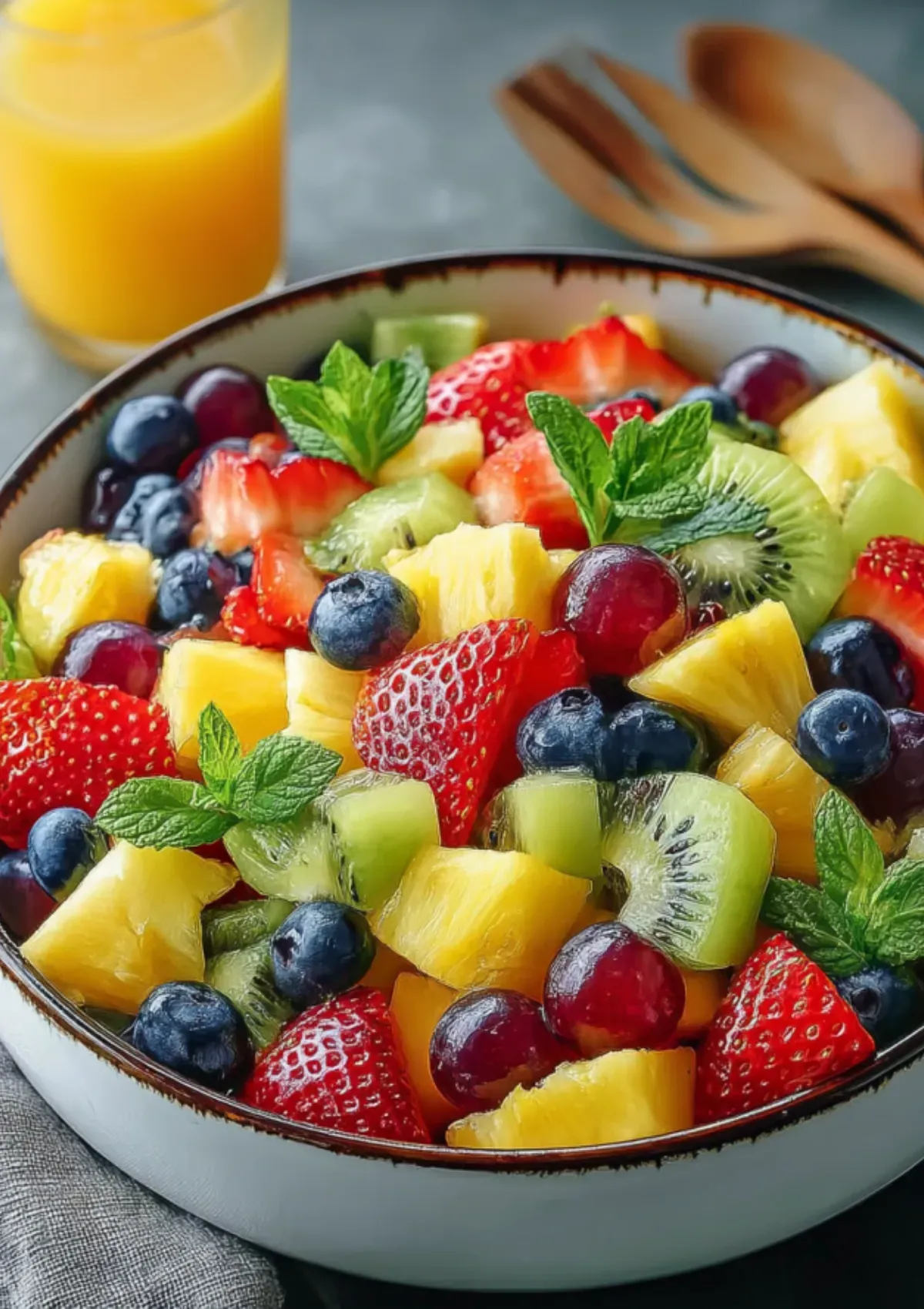 Fresh fruit salad in white bowl with brown rim containing pineapple, strawberries, blueberries, kiwi, red grapes and mint leaves, served with orange juice and wooden utensils in background
