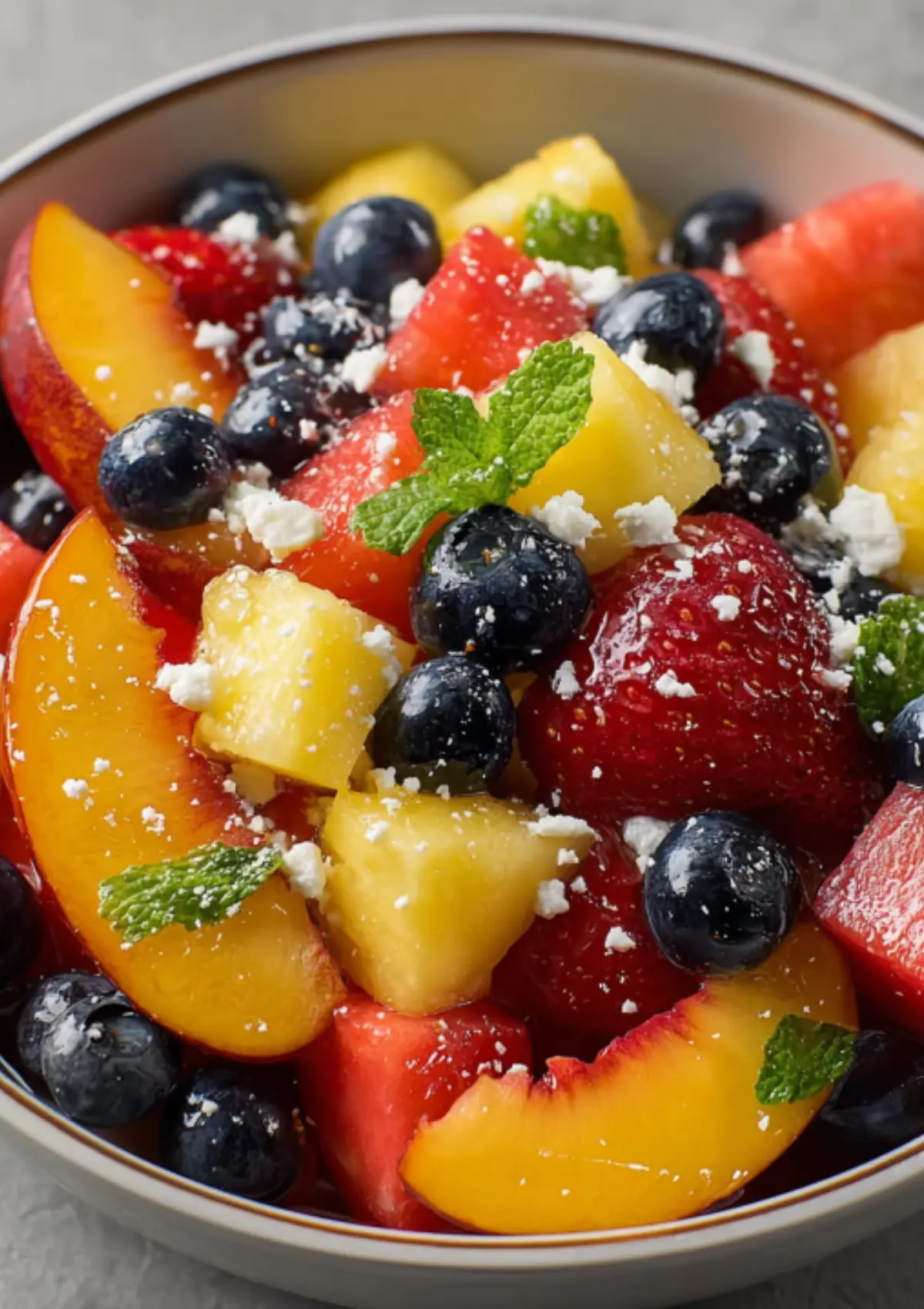 Mixed fruit salad bowl with peaches, strawberries, blueberries, pineapple, watermelon, feta cheese, and mint garnish