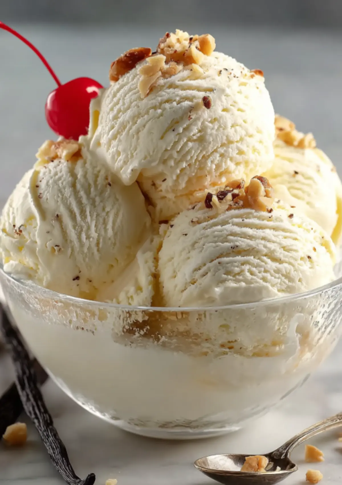 Multiple scoops of vanilla ice cream with nuts and a cherry, served in a glass bowl