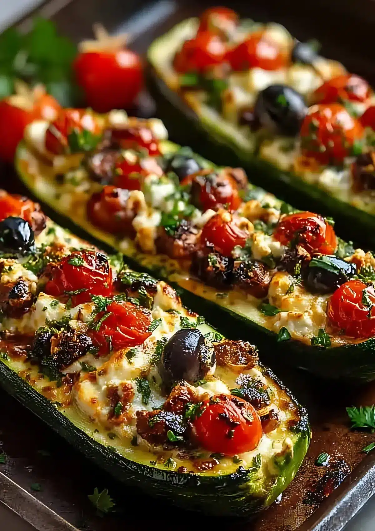 Healthy zucchini boats stuffed with feta, cherry tomatoes, olives, and parsley, styled for Olivia Healthy Living recipe blog.
