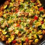 Overhead view of Tex Mex chicken and zucchini skillet cooked with black beans, corn, peppers, and melted cheese, garnished with cilantro and green onions.