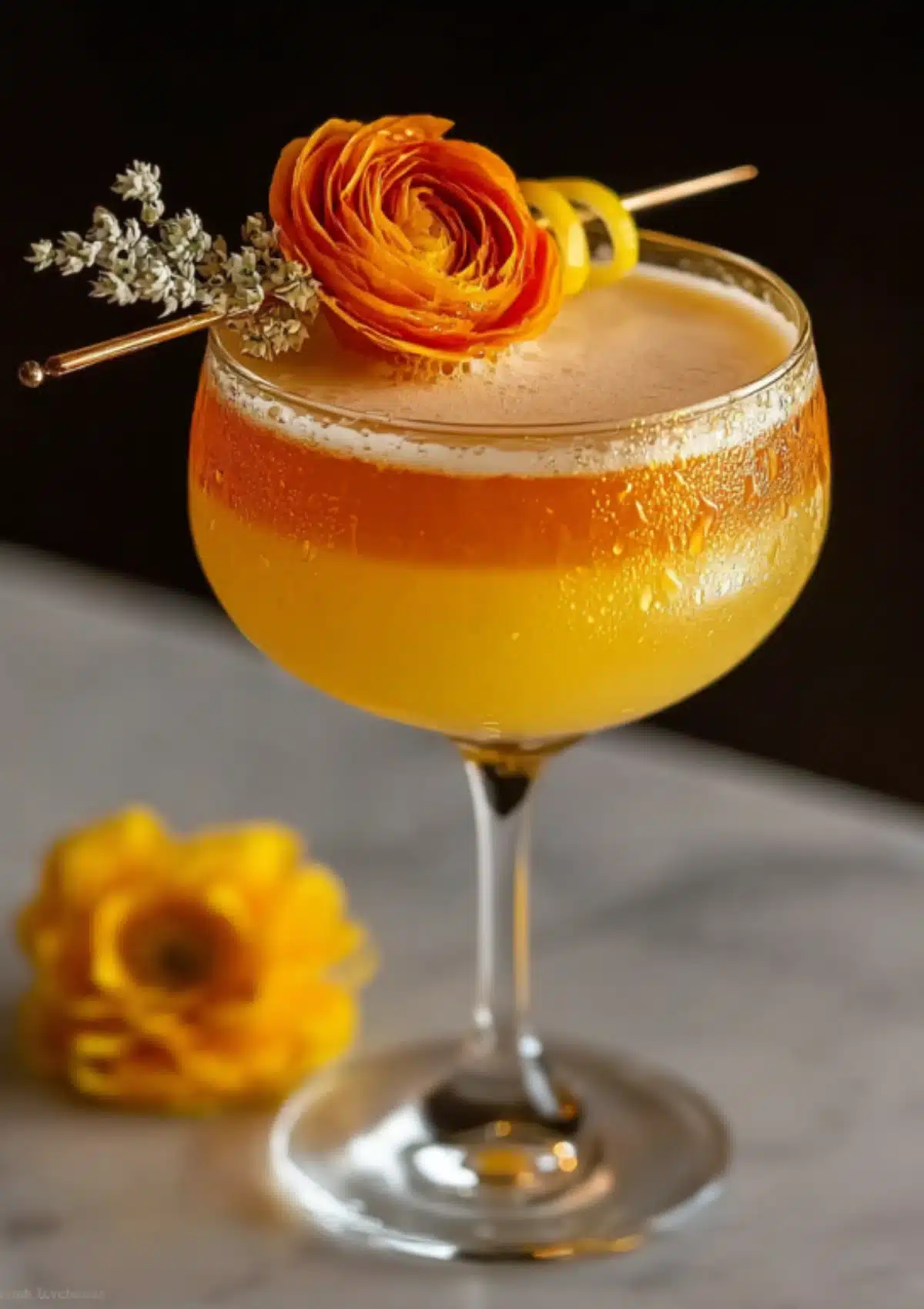 Orange layered cocktail in coupe glass garnished with ranunculus flower and dried herbs