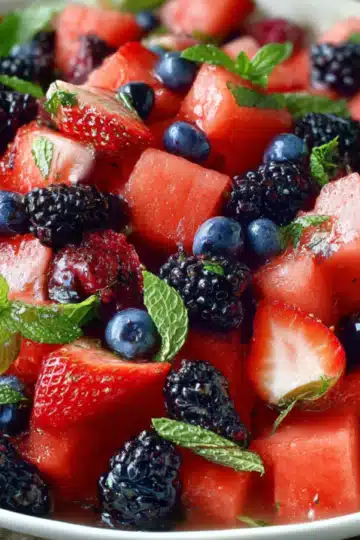 Overhead view of berry watermelon fruit salad with mixed berries and mint