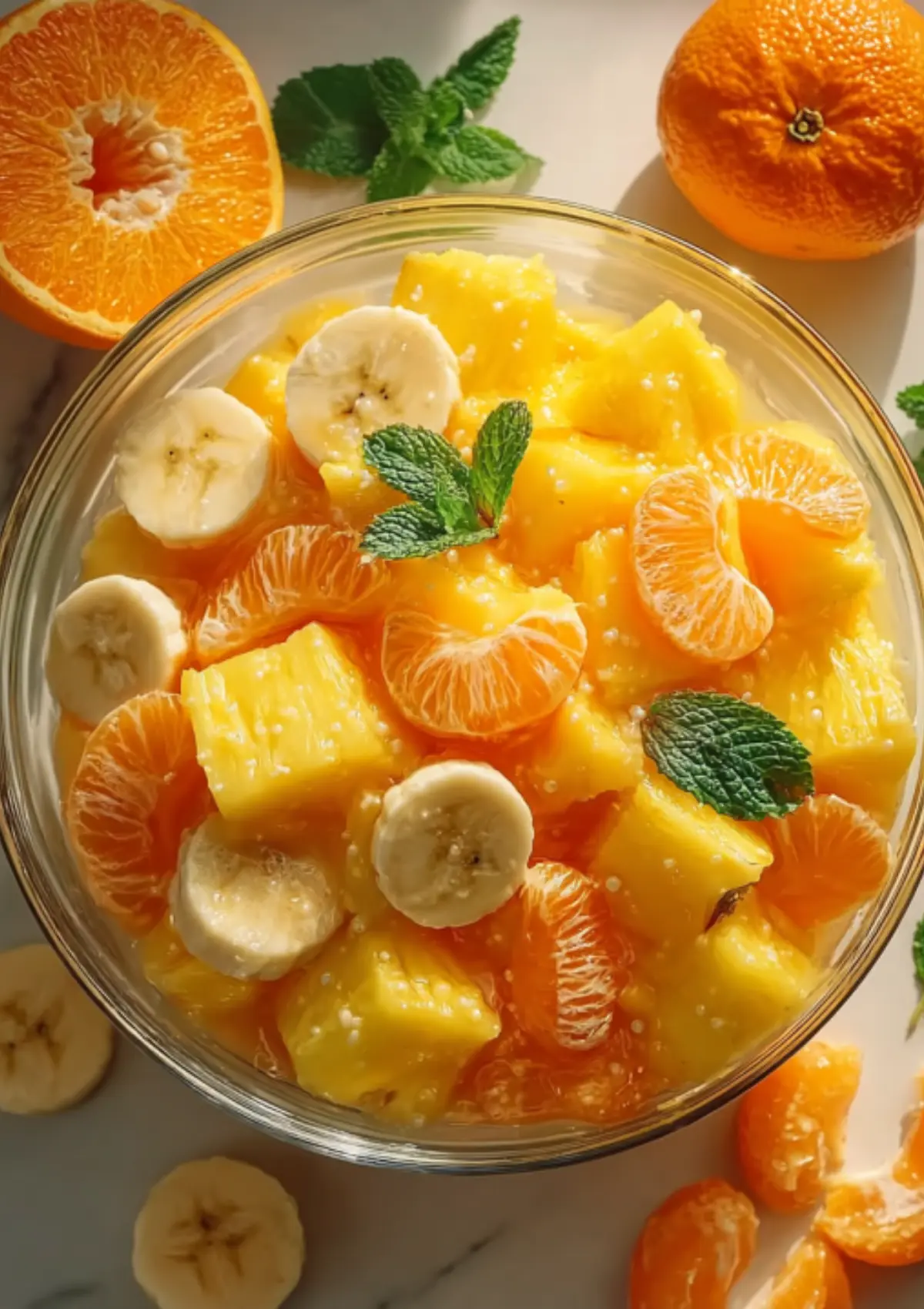 Overhead view of sunshine fruit salad in glass bowl with fresh orange halves and mint leaves around the edges