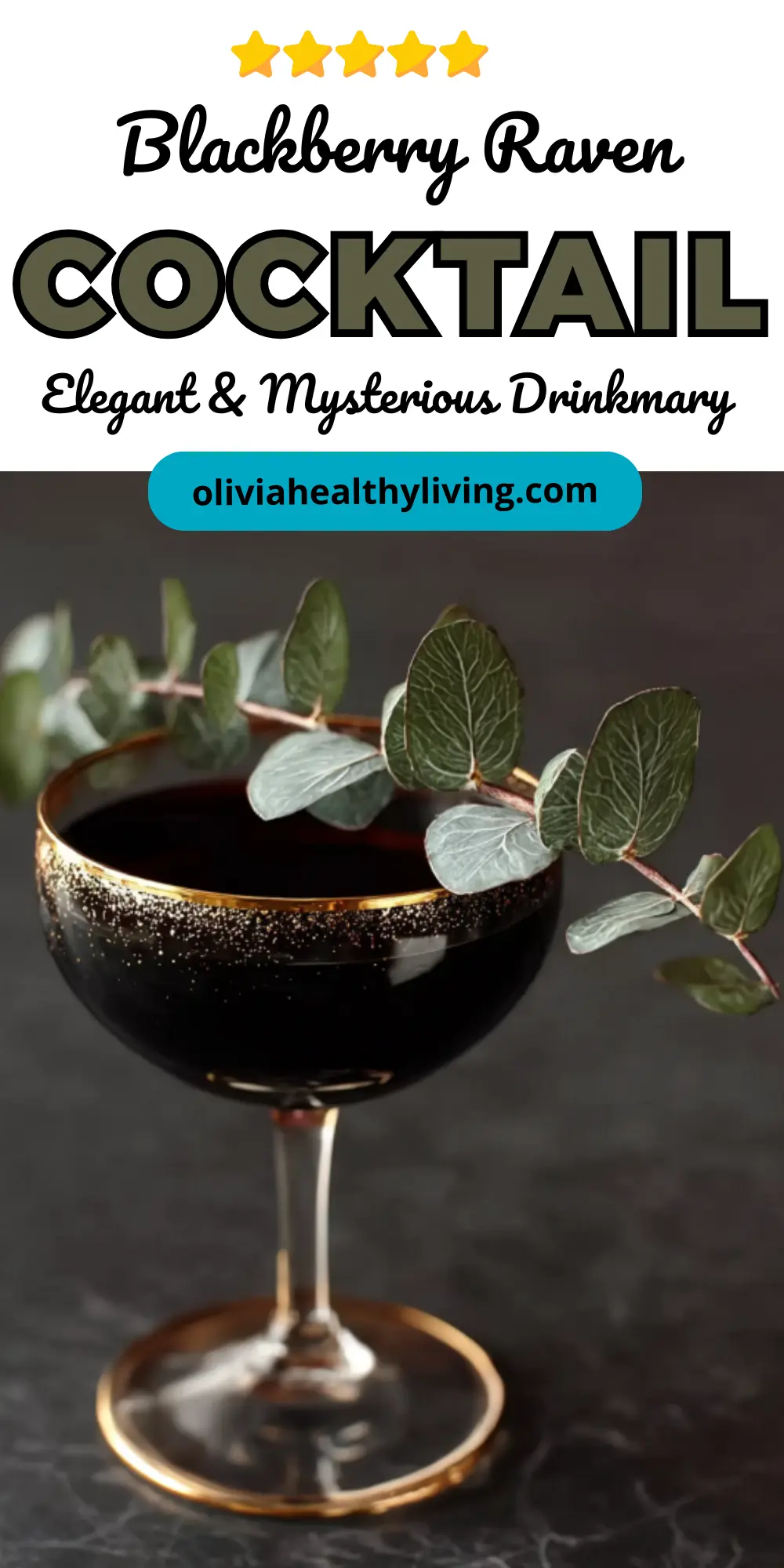 Pinterest-style graphic for Blackberry Raven cocktail recipe with 5-star rating and dark cocktail photo