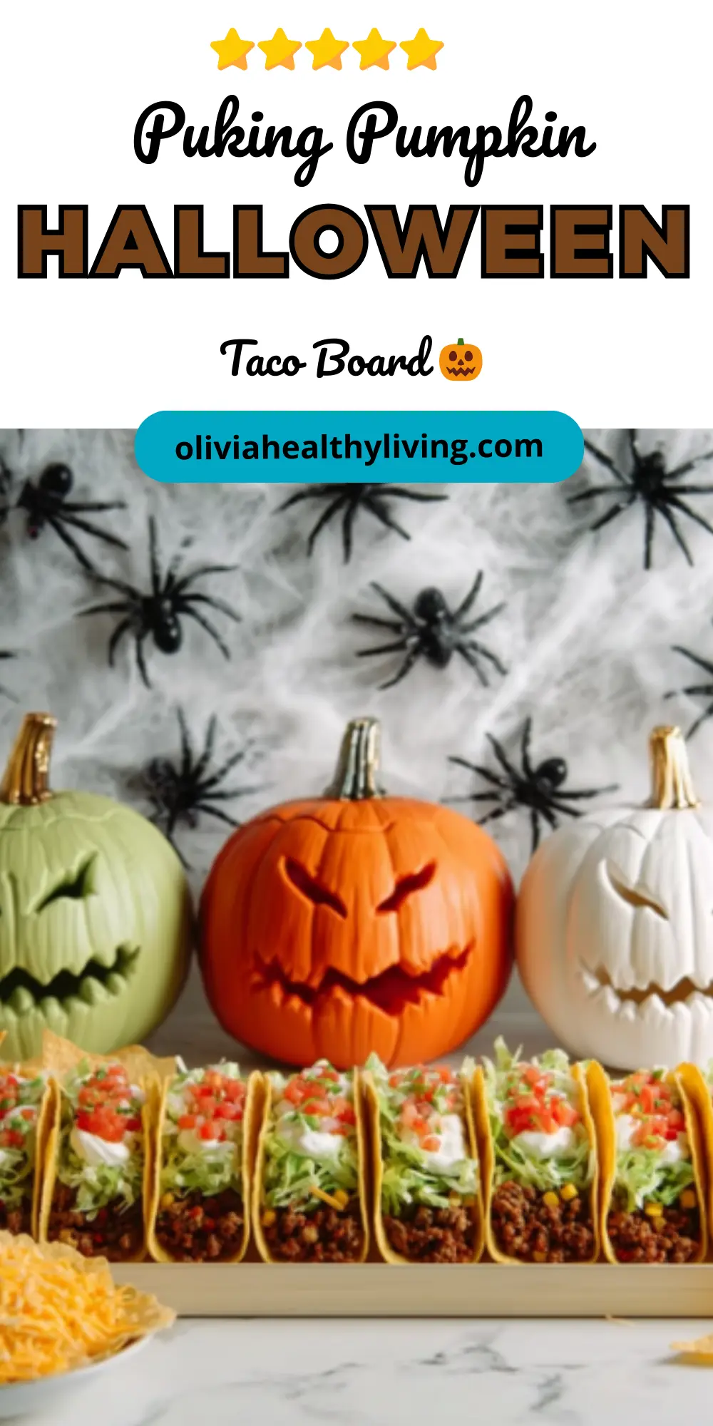 Pinterest-style graphic for Puking Pumpkin Halloween Taco Board recipe
