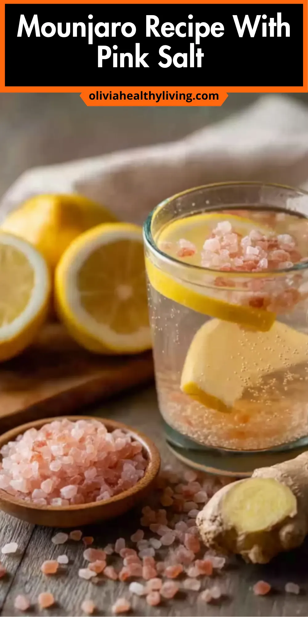 Pinterest-style graphic titled Mounjaro Recipe With Pink Salt showing a glass of lemon water with pink Himalayan salt, lemons, ginger, and salt crystals on wooden surface.