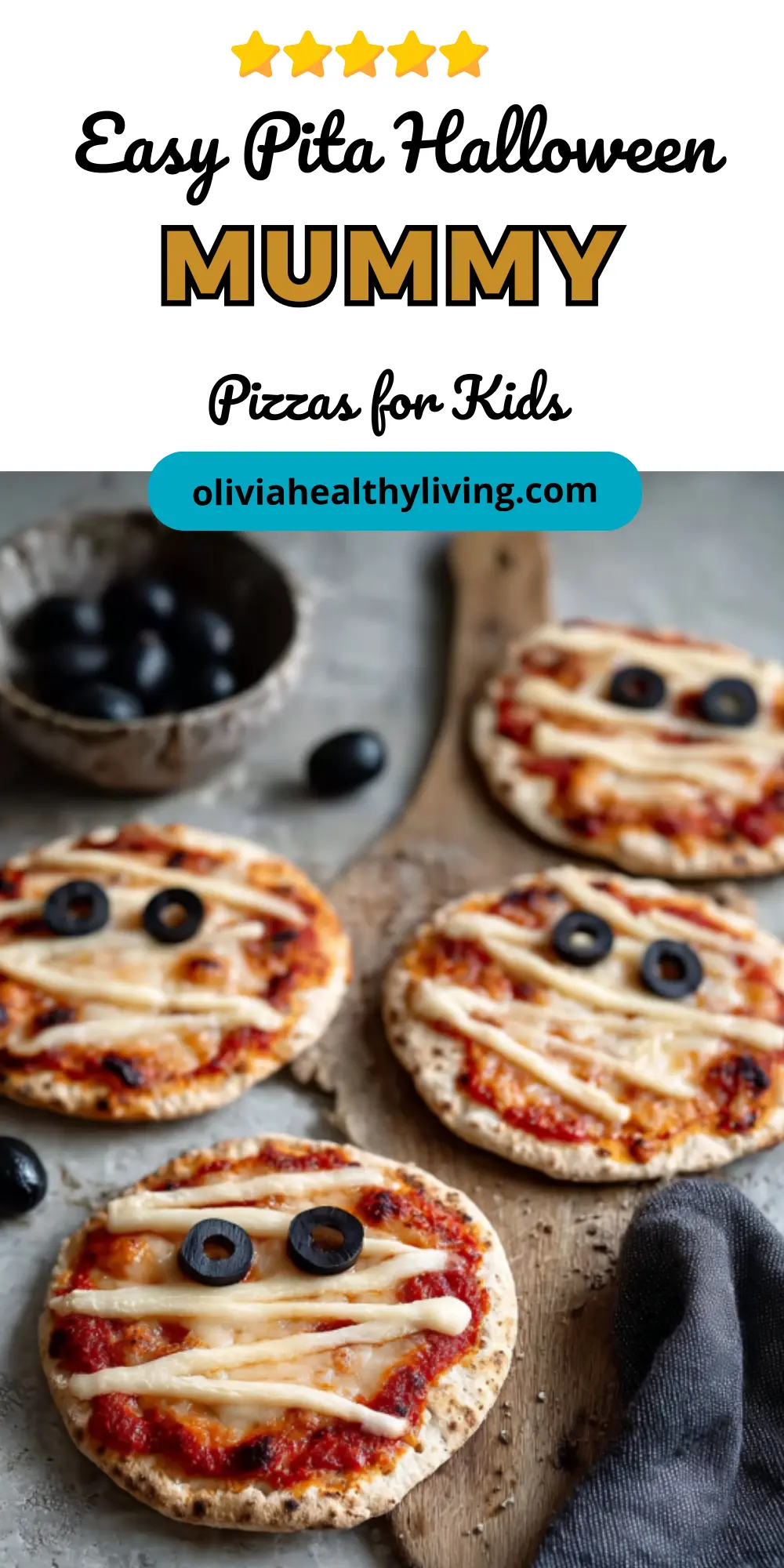 Pinterest-style recipe card for Easy Pita Halloween Mummy Pizzas for Kids with 5-star rating