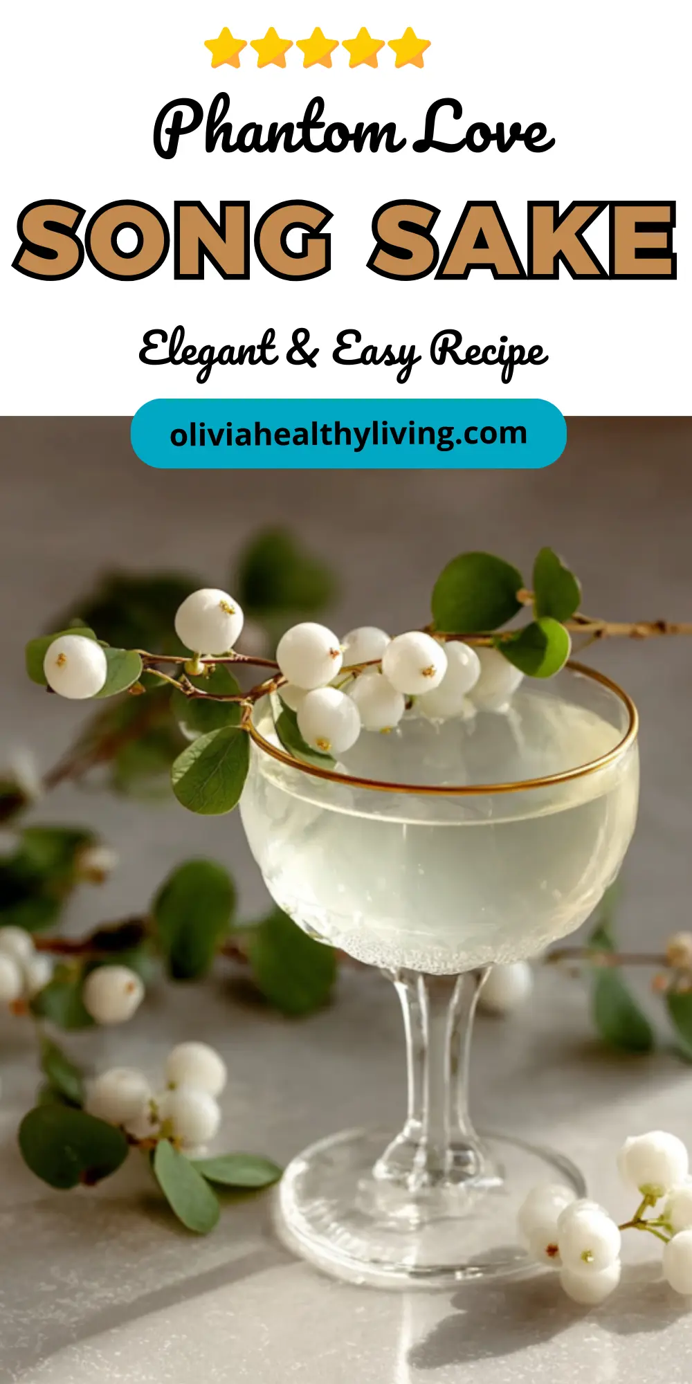 Pinterest-style recipe card for Phantom Love Song Sake cocktail with five-star rating