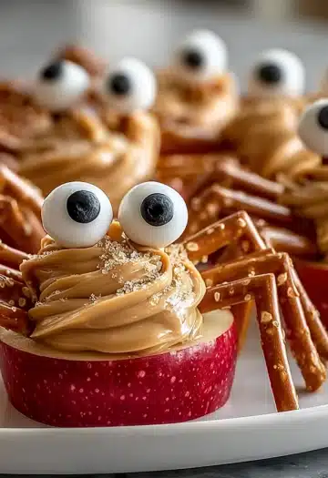 Professional food photography of apple spider snacks with enhanced lighting and detail