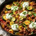 Close-up of a cast-iron skillet filled with zucchini slices, ground beef, bell peppers, and onions, topped with dollops of sour cream and fresh parsley.