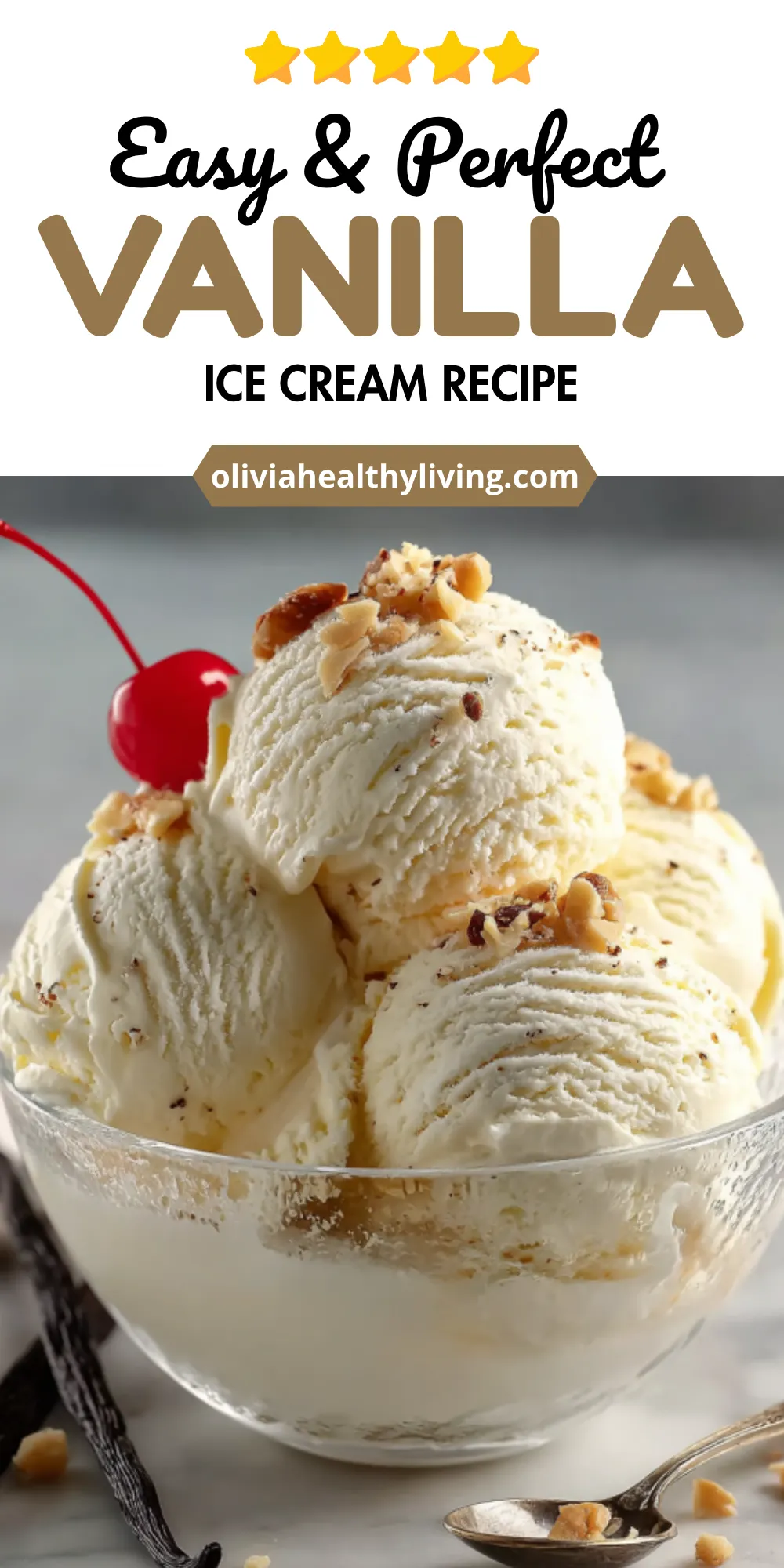 Recipe graphic for Easy & Perfect Vanilla Ice Cream Recipe showing vanilla ice cream scoops with nuts and cherry garnish