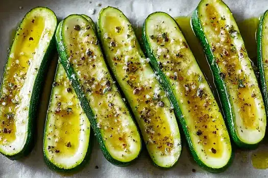 Golden roasted zucchini halves filled with Mediterranean stuffing of feta, tomatoes, olives, and parsley, fresh out of the oven.
