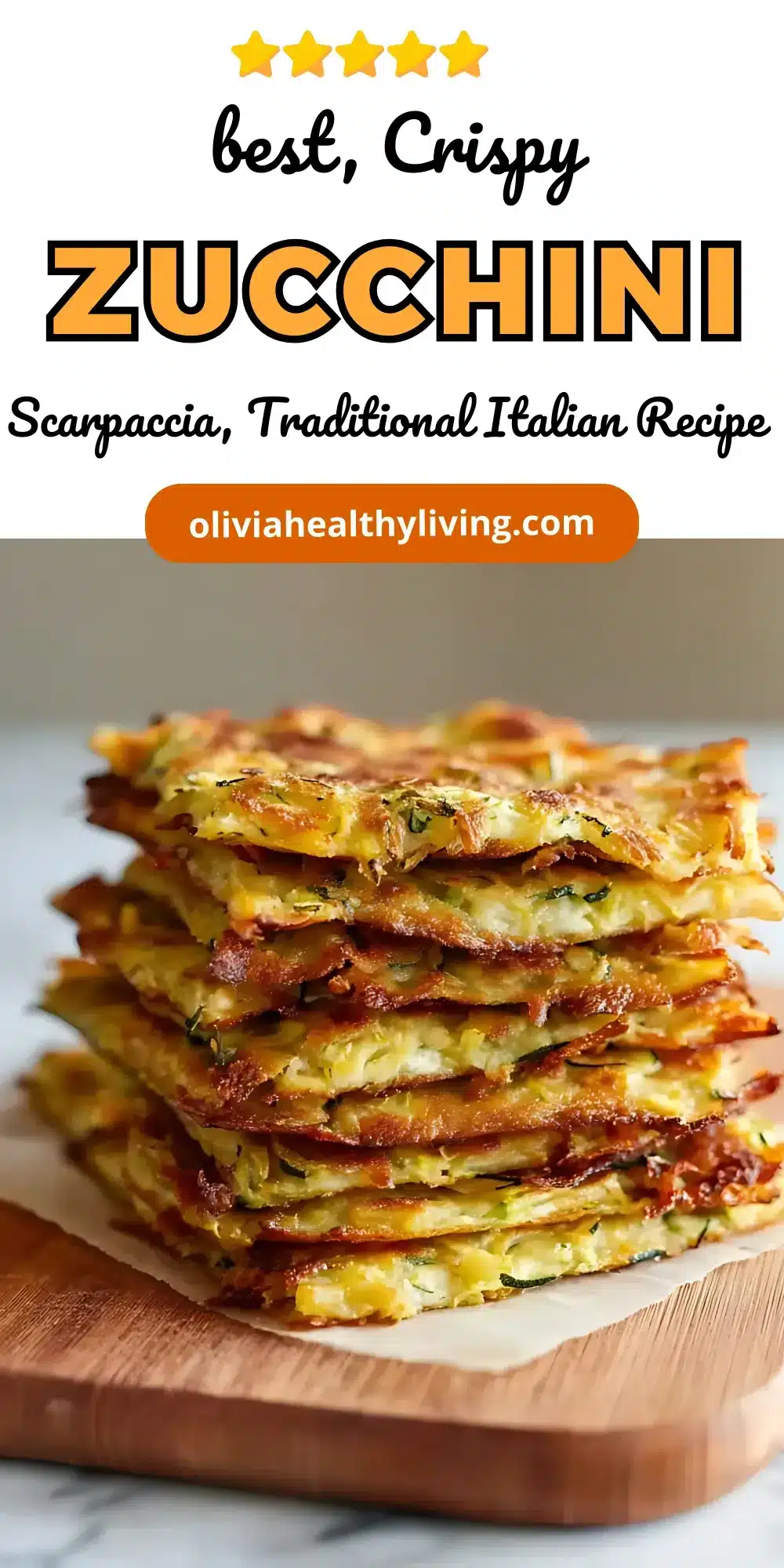 Close-up of stacked zucchini scarpaccia slices on parchment paper over a wooden board, golden brown with visible zucchini shreds.