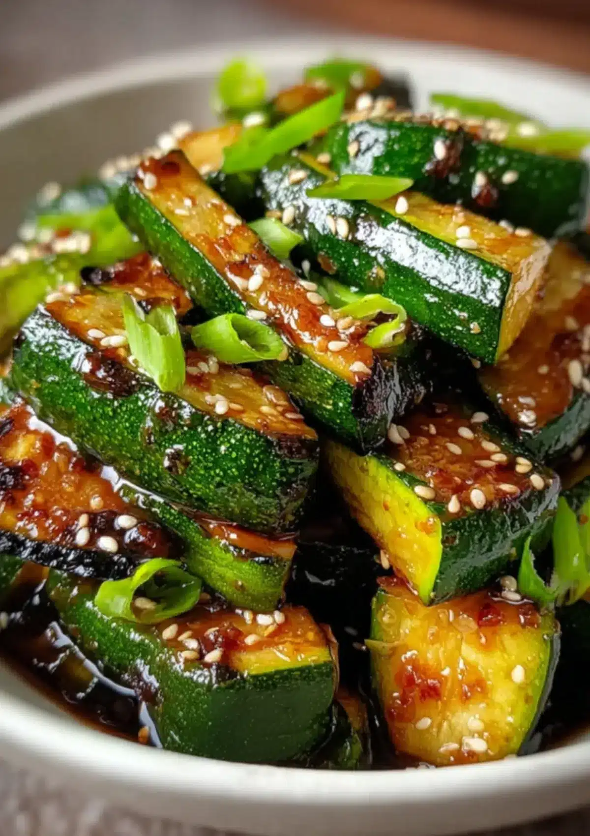 Stacked slices of sautéed hibachi zucchini with a glossy soy-butter coating, garnished with sesame seeds and vibrant green onion in a white ceramic bowl.