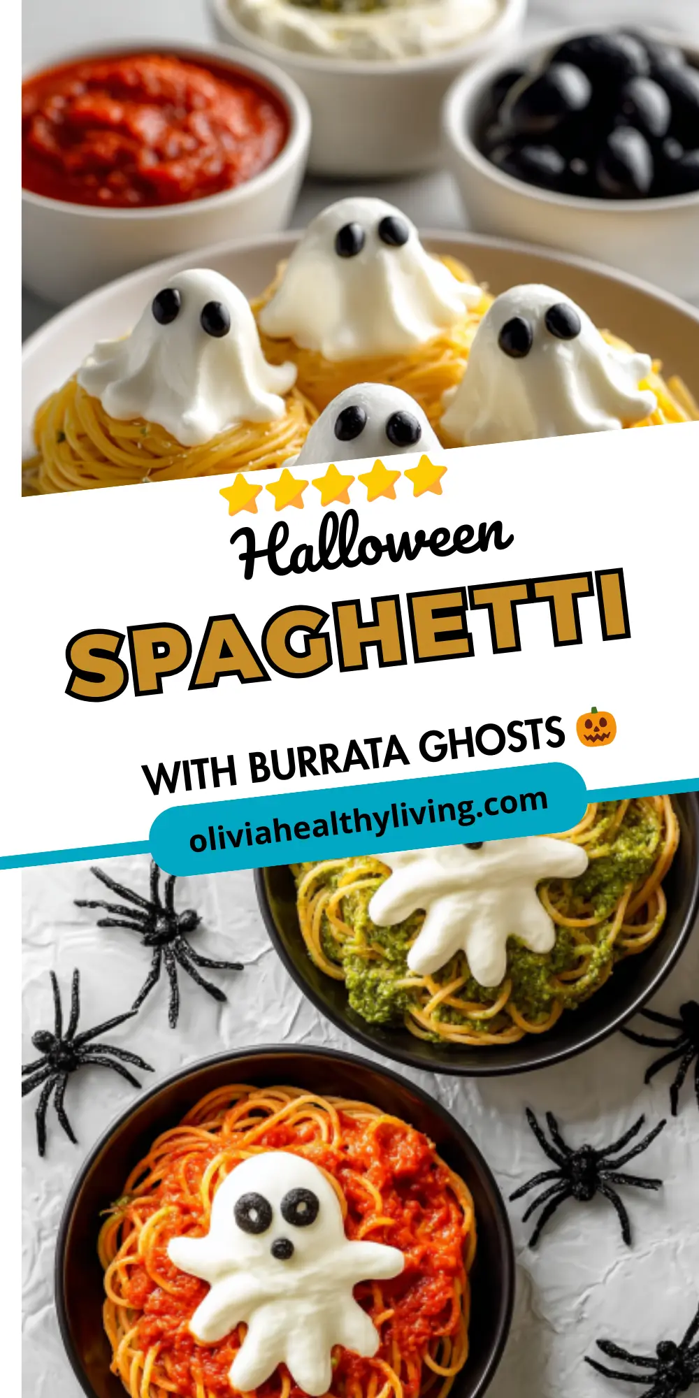 Social media graphic titled Halloween Spaghetti with Burrata Ghosts