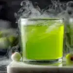 A glass of neon green Halloween punch with ice cubes, surrounded by fake eyeball props and spooky fog rising in the background.