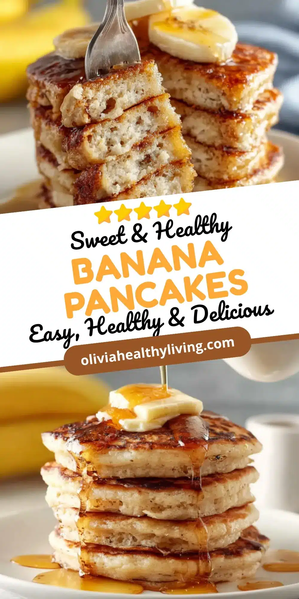 Food blog graphic with 5 gold stars, text reading "Sweet & Healthy Banana Pancakes - Easy, Healthy & Delicious" with website URL, featuring stacked banana pancakes with fork bite and syrup pour
