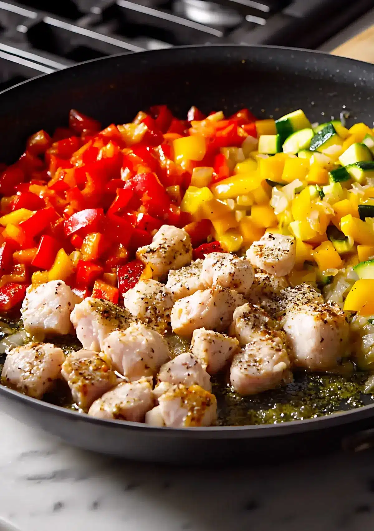 Close-up of raw chicken cubes, zucchini, red and yellow bell peppers sautéing together in a skillet with spices.
